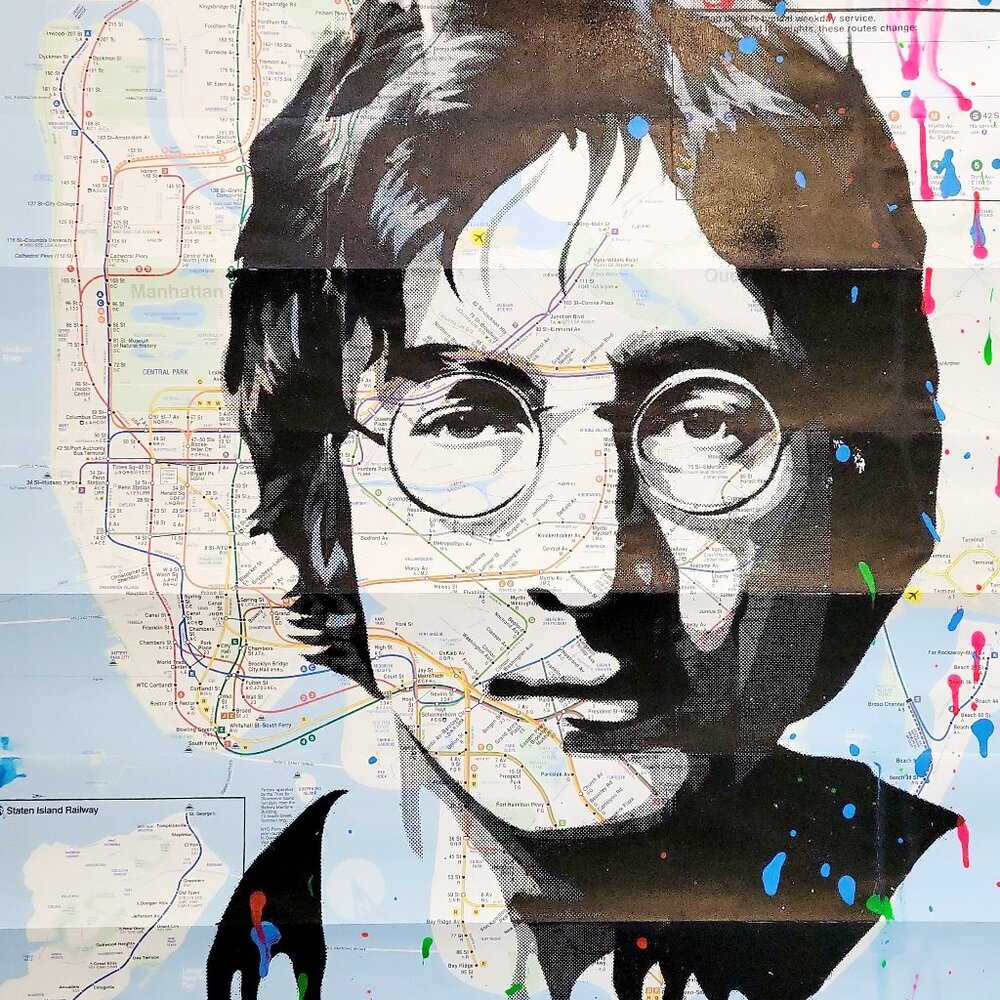 Handpainted John Lennon Beatles Unique Acrylic Art painted on a NYC Subway Map
